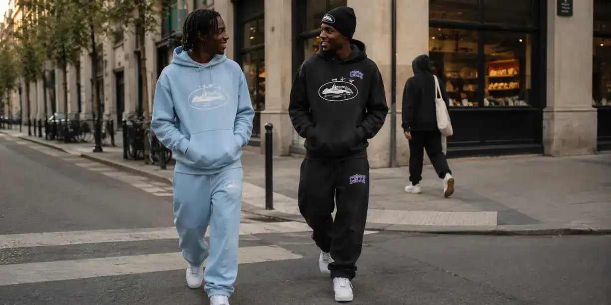 Ensemble Corteiz 2026 — hoodie et jogging Alcatraz bleu bébé